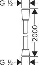 Hansgrohe Brauseschlauch, flexible Verbindung mit zwei G ½-Anschlüssen, skaliert mit Abmessungen im Diagramm, geeignet für Duschsysteme.